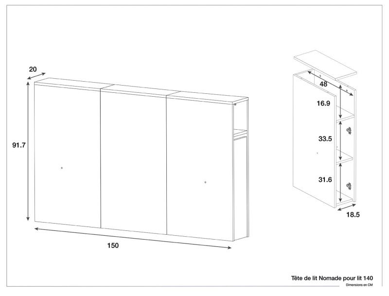 Dimensioni della testiera del letto 140 cm Nomade
