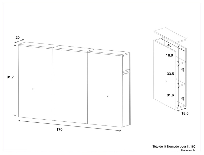 Afmetingen van het hoofdeinde voor tweepersoonsbed 160x200 cm Nomade, twee deuren met opbergruimte.