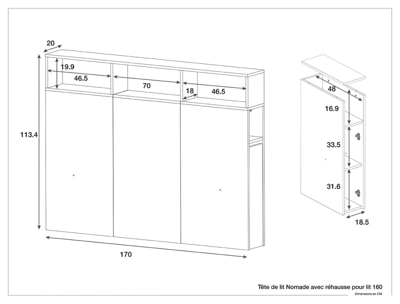 Dimensioni della testiera matrimoniale + rialzo 160x200 cm Nomade