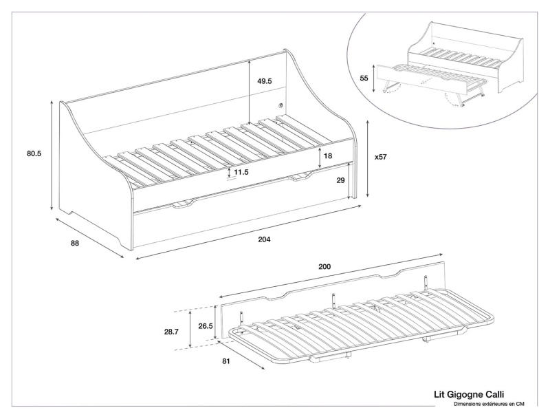 Dimensioni del letto estraibile Calli Bianco