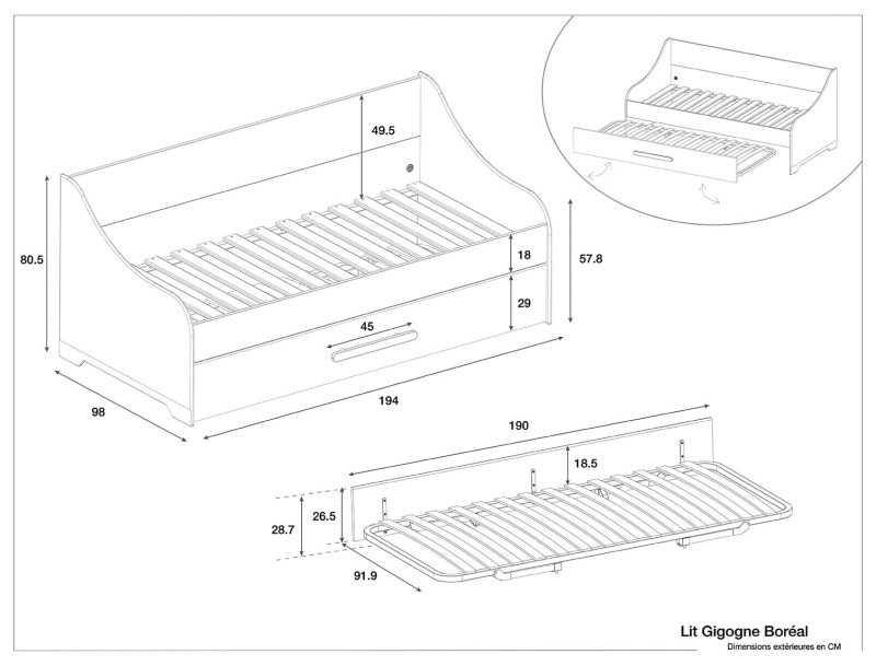 Dimensions of the 90x190 Boreal daybed trundle bed.