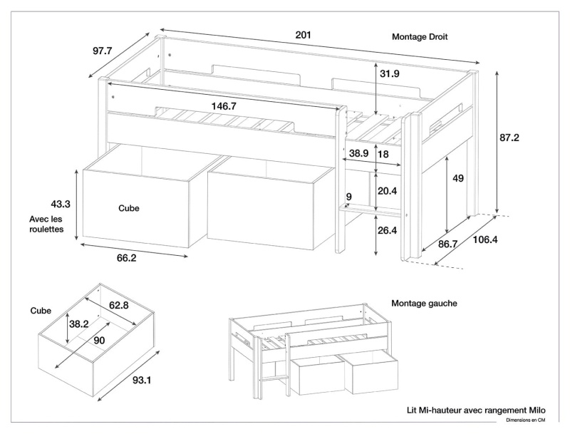 Dimensiones de la Cama semi alta con almacenaje 90x190 MILO - Antracita