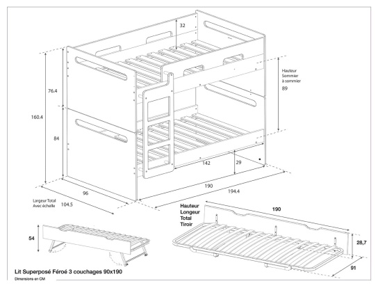 Dimensions of the triple bunk bed