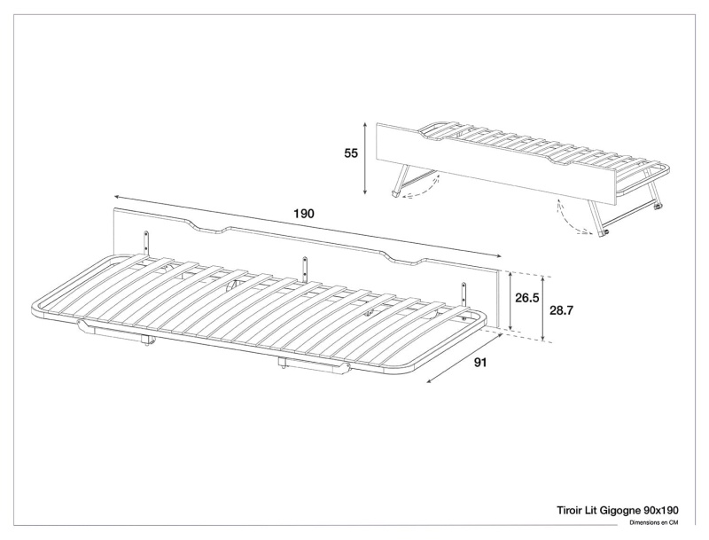 Dimensions du Tiroir lit gigogne enfant Milo kaki 90x190 livré sans matelas