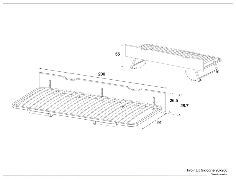 Dimensions du Tiroir gigogne lit enfant 90x200. sommier à lattes