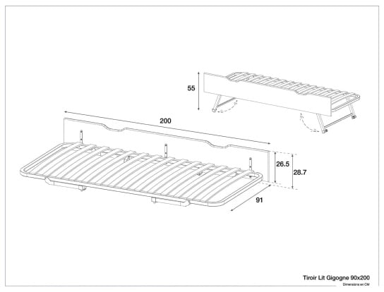 Afmetingen van de uitschuifbare lade voor kinderbed 90x200, lattenbodem