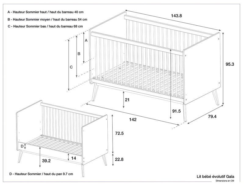 Dimensión de la cama evolutiva para bebé Gaïa Arcilla y Nogal 70x140cm.
