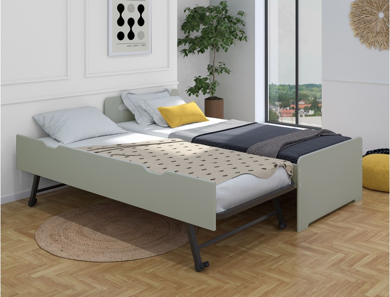 Lit gigogne enfant Féroé Sauge 90x190 en version ouverte