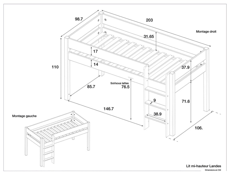 Dimensiones de la cama semi-alta Landes Gris y madera