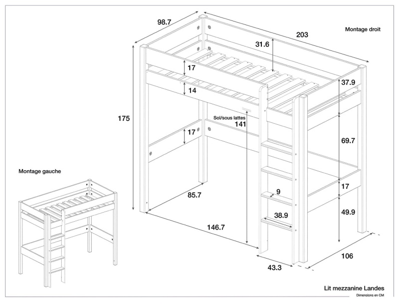 Dimensions du lit mezzanine Landes Blanc et bois.
