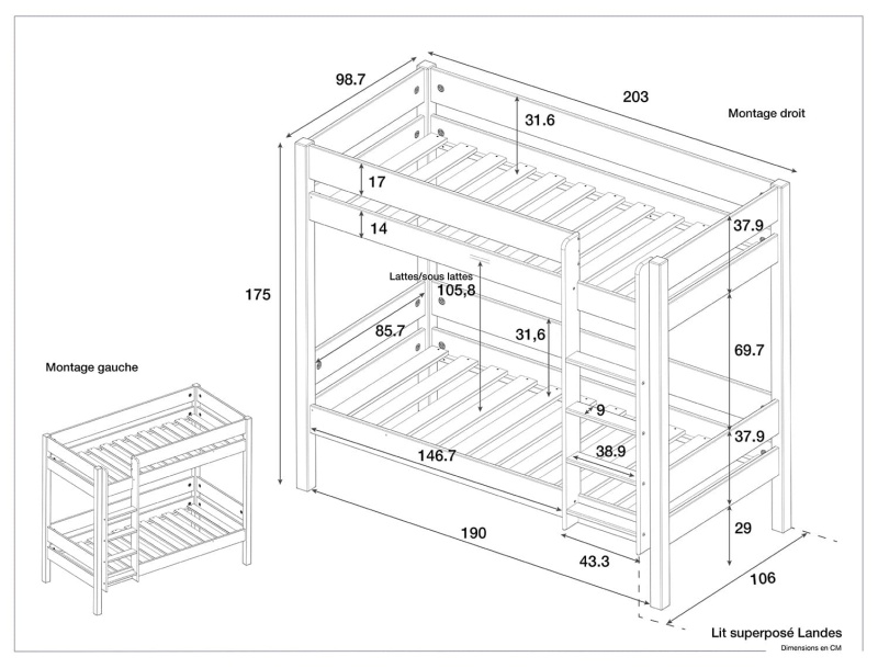 Dimensions du lit superposé Landes Kaki et Bois.