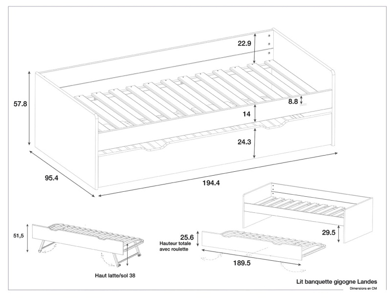 Dimensions du lit gigogne Landes Blanc et bois