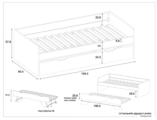 Dimensions of the Landes trundle bed White and wood