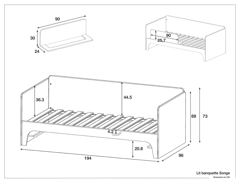 Dimensions of the Songe bed White and wood