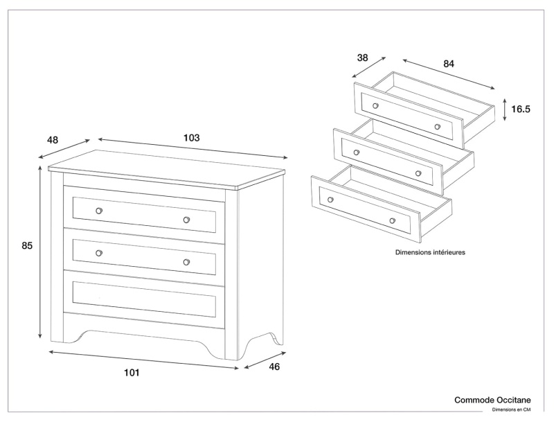 Dimensions of the Occitane dresser