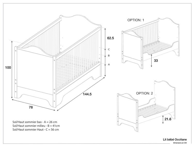 Afmetingen van het Occitane babybed.