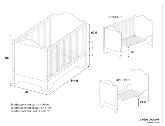 Afmetingen van het Occitane babybed.