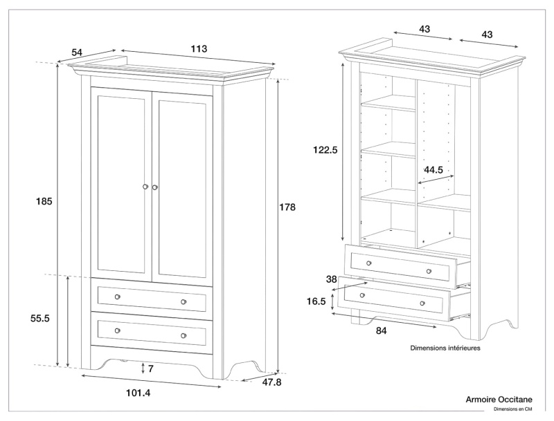 Dimensions of the Occitane wardrobe