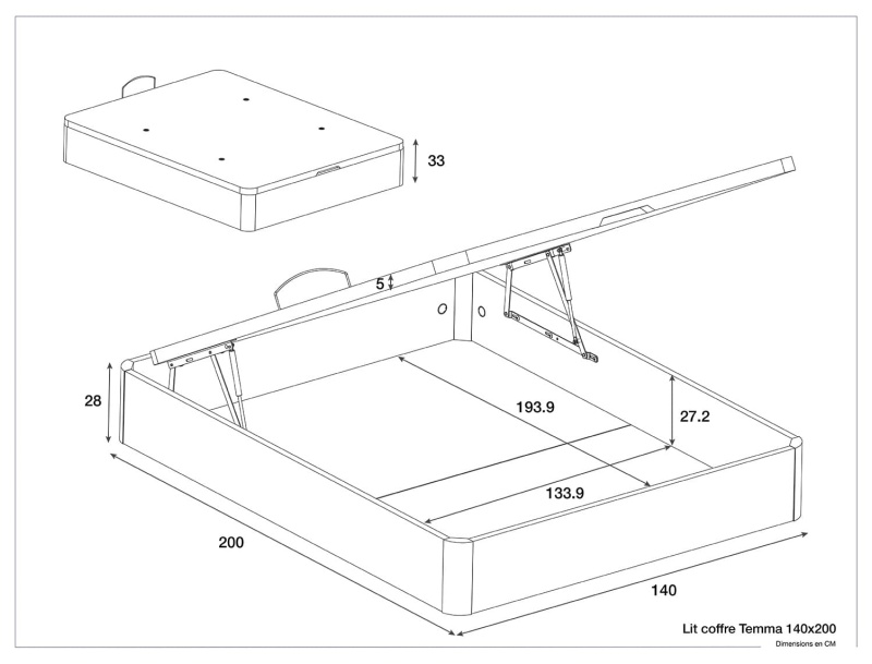Dimensions du lit coffre Temma en Chêne naturel 140x200