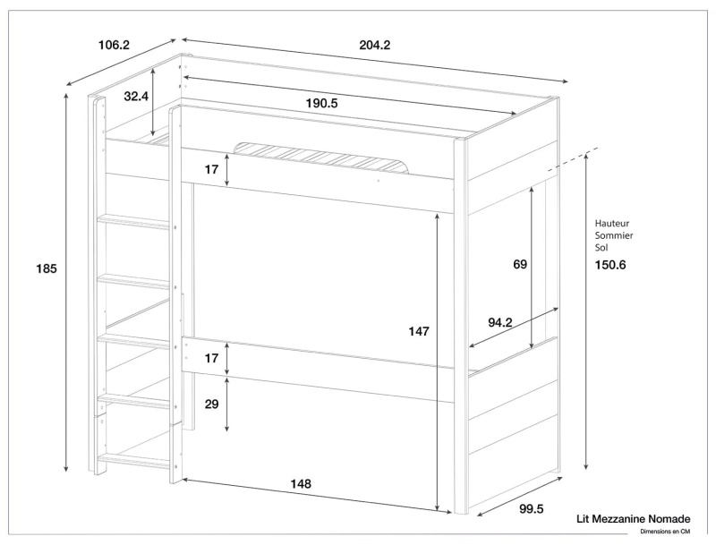 Dimensions of the Nomade loft bed.