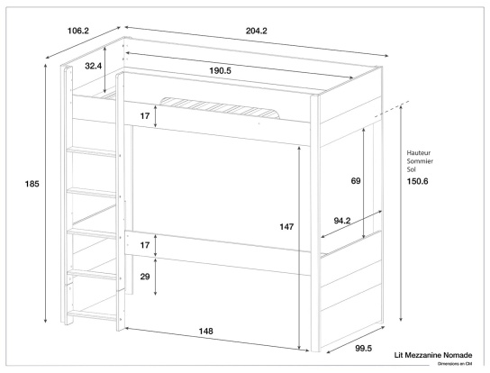 Dimensions of the Nomade loft bed.