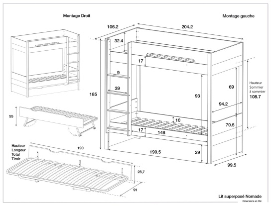 Dimensions of the Nomade bunk bed with trundle bed.