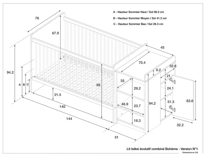 Dimensions du lit bébé Bohème.