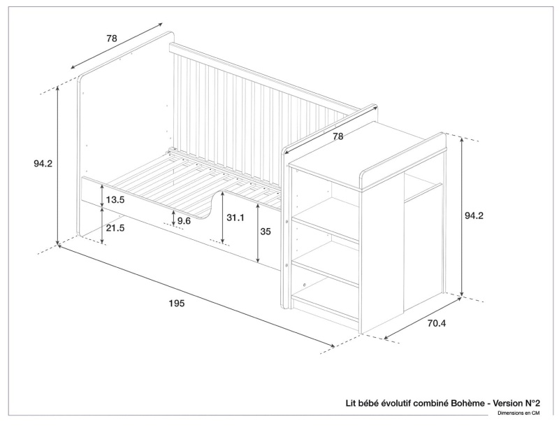 Afmetingen van het Bohème babybed, eerste evolutie