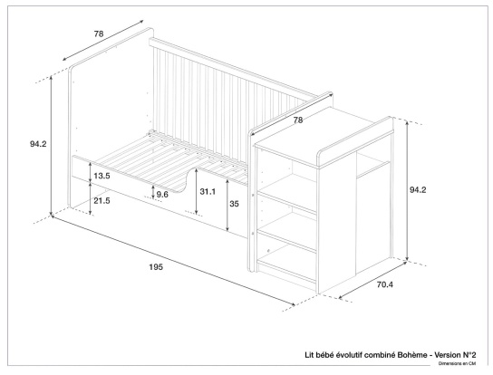 Afmetingen van het Bohème babybed, eerste evolutie