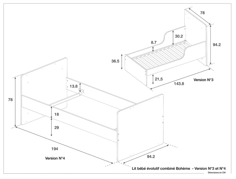 Dimensiones de la cama de bebé Bohème, segunda y tercera evolución.