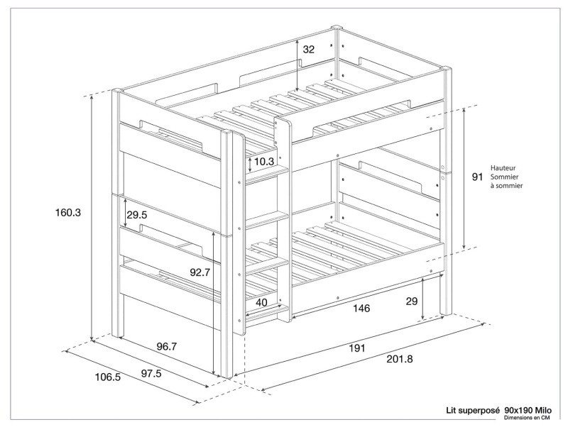 Dimensions du lit superposé enfant Milo Anthracite