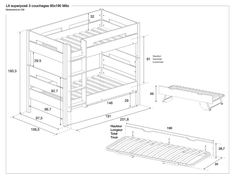 Dimensions of the MILO Grey 3-person bunk bed