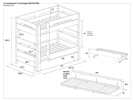 Dimensions of the MILO Grey 3-person bunk bed