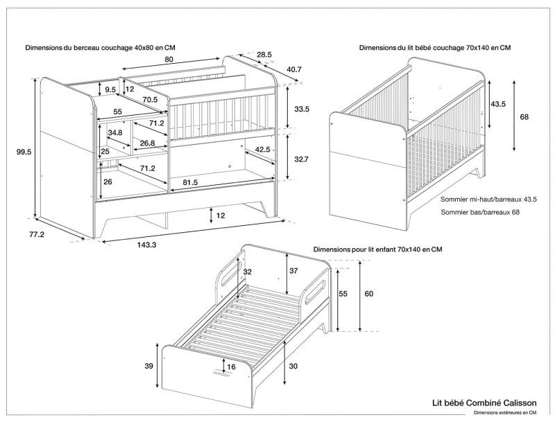Mitwachsendes Babybett mit Wickeltisch Calisson + Matratze 40x80 Salbeigrün & Eiche