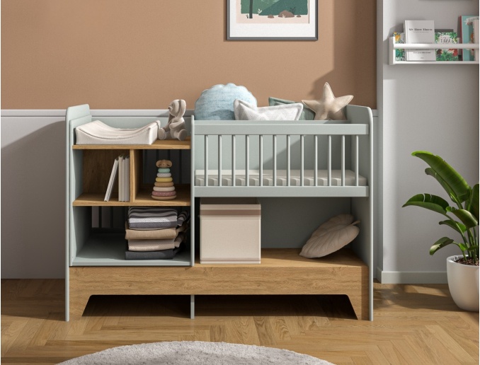 Gecombineerd babybed + matras 40x80 Calisson Saliegroen & Eiken
