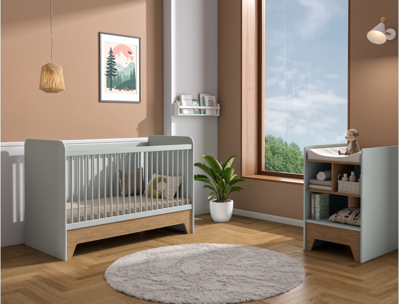 Mitwachsendes Babybett 70x140cm mit separaten Staufächern Salbeigrün & Eiche
