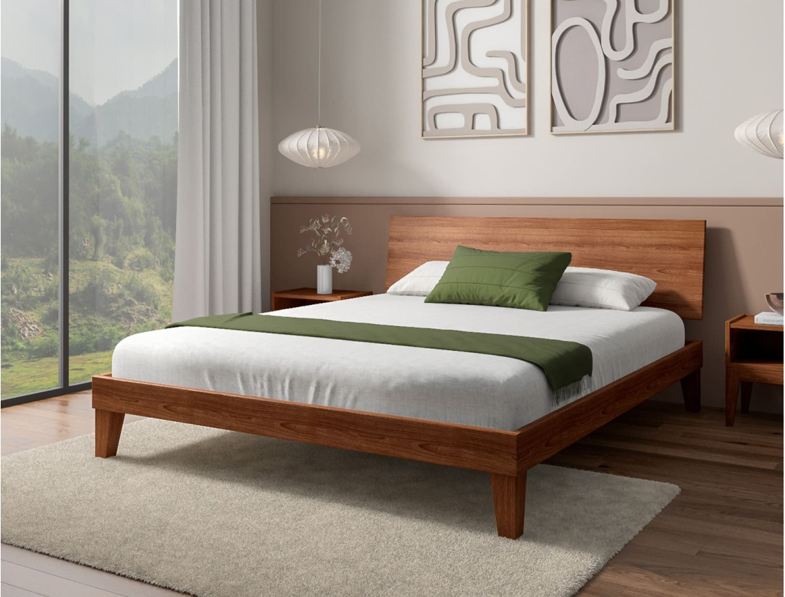 160x200 bed with full headboard in solid wood Baden Walnut