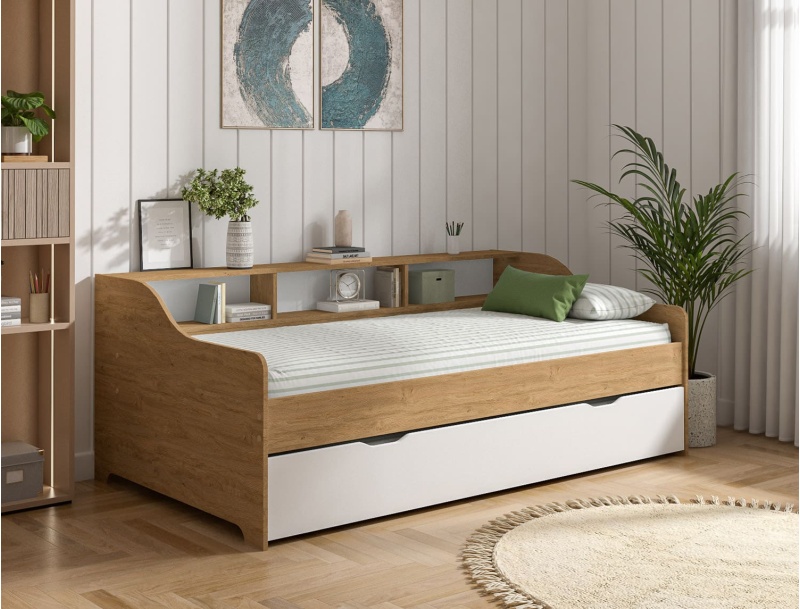 Lit gigogne avec rangement 90x200 Chêne & Blanc Achille