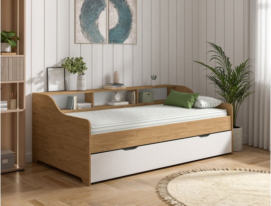 Lit gigogne avec rangement 90x200 Chêne & Blanc Achille