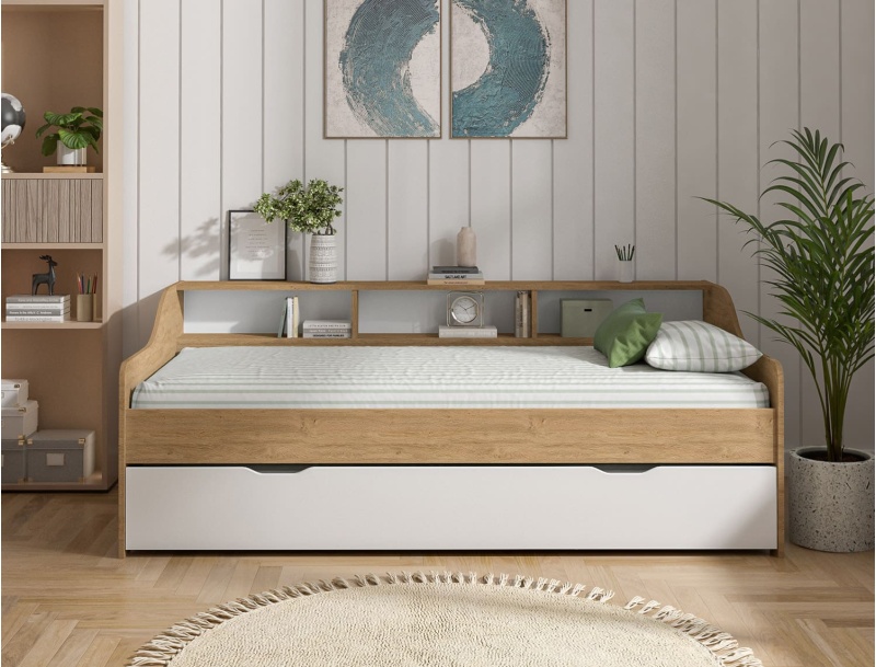 Bed Achille 90x200 Eiken en zijn uitschuiflade Wit