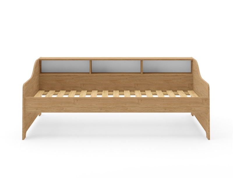 Cama sofá Roble Achille con somier de lamas de pino macizo.