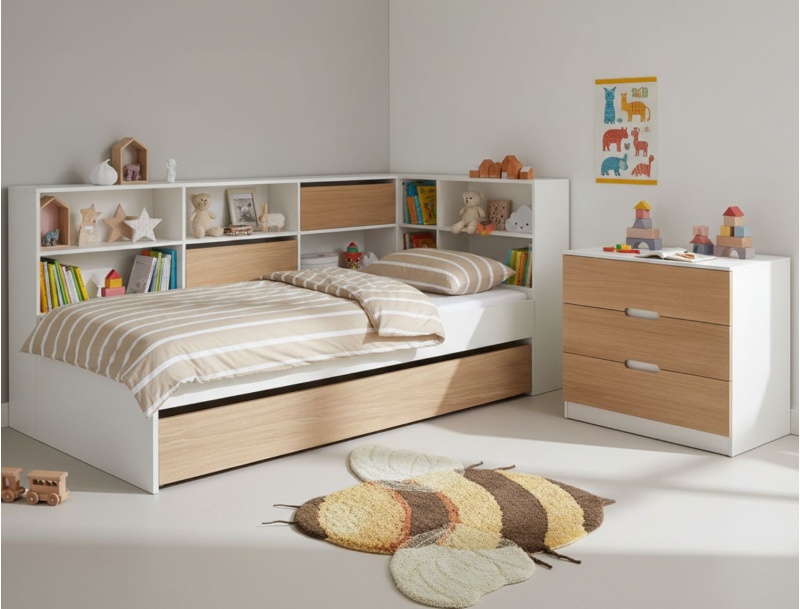 View of the Opus 3-drawer dresser with the trundle bed from the same collection