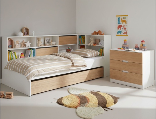 Vista de la cómoda de 3 cajones Opus con la cama nido de la misma colección