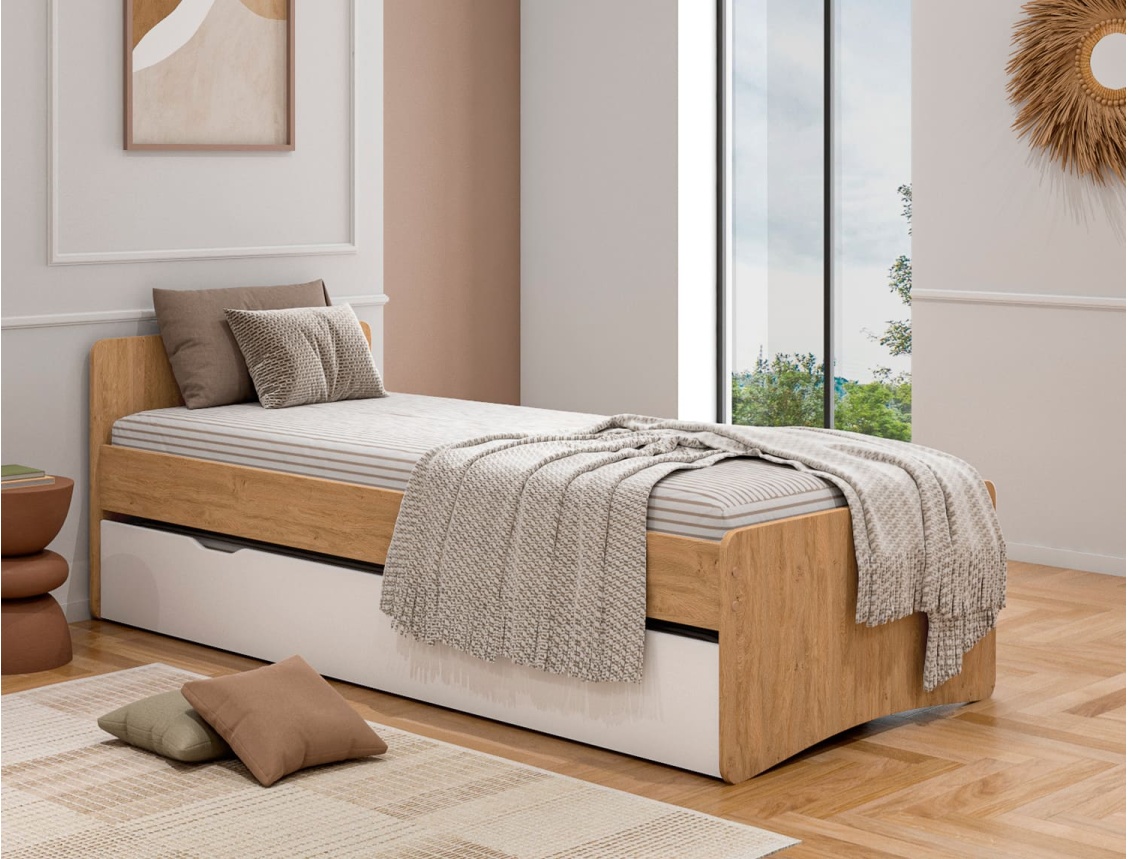 Cama nido de madera y cajón blanco