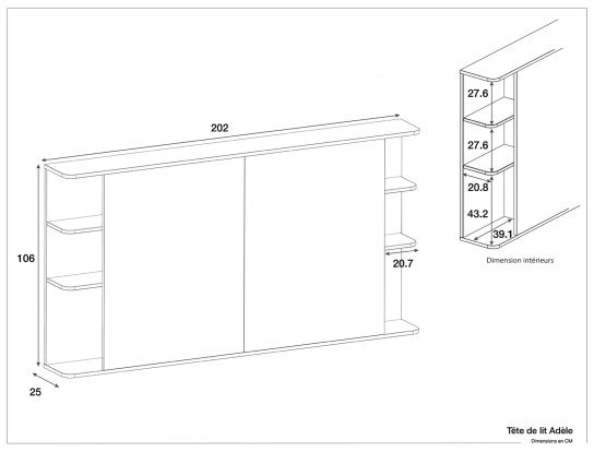 Dimensions of the Adèle headboard in Walnut color