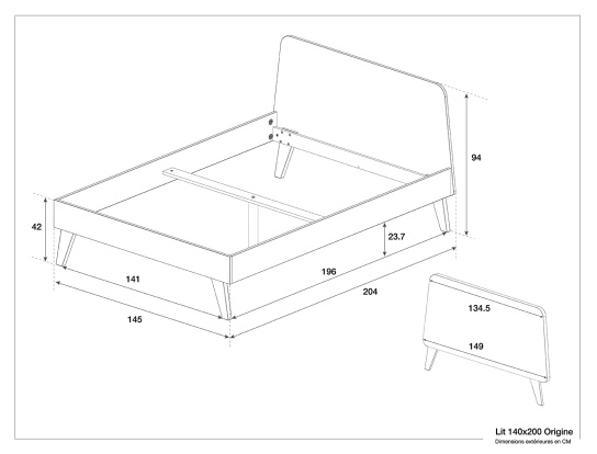 Dimension of the Origine bed sleeping area 140x200
