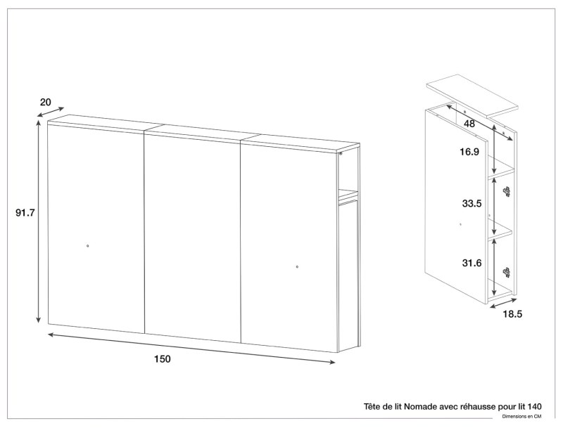 Dimensions de la tête de lit Nomade 140