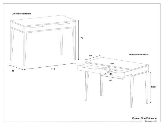 Dimensions du bureau Evidence One avec deux tiroirs.