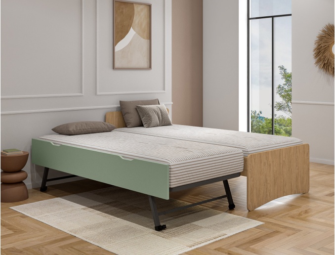 Ausziehbett Lena Holz und Salbei zwei Liegeflächen 90x200