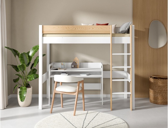 Letto a soppalco Landes Bianco e Legno e la scrivania Féroé bianca disponibile sul sito.